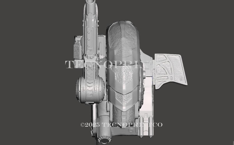 May include: A gray, 3D-printed model of a futuristic vehicle or weapon, featuring intricate details and a complex design. The model has a cylindrical barrel, a central body with textured panels, and a wing-like structure. The text "TECNOPRINT" and "&copy;2025 TECNOPRINT CO" are visible.