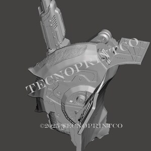 May include: A gray, 3D-printed futuristic armor piece with intricate mechanical details. The design includes a raised section with a rectangular element and the text "TECNOPRINTCO" and "&copy;2025 TECNOPRINTCO".