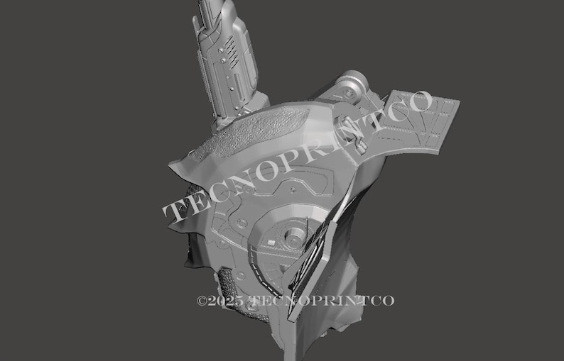 May include: A gray, 3D-printed futuristic armor piece with intricate mechanical details. The design includes a raised section with a rectangular element and the text "TECNOPRINTCO" and "&copy;2025 TECNOPRINTCO".