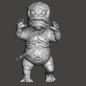 May include: A 3D-rendered figurine of a creature with a reptilian head, muscular torso, and small arms and legs. The creature has a menacing expression and is posed with its arms raised. The figurine is gray and stands on a gray background.