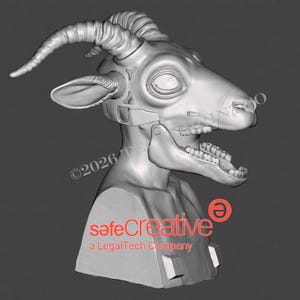 Könnte beinhalten: Eine hellgraue digitale 3D-Skulptur einer Ziegenkopf-Büste mit geschwungenen Hörnern, einem geöffneten Maul mit sichtbaren Zähnen und mechanisch wirkenden Paneel-Details am Schädel. Das Bild enthält den Text ©2026 und safeCreative a LegalTech Company.