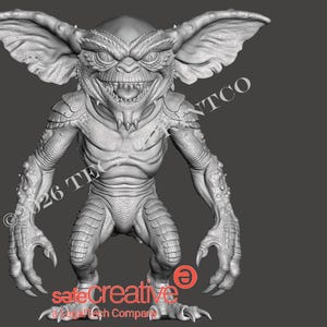 May include: A gray 3D digital model of a creature with large pointed ears, a wide mouth showing sharp teeth, and textured skin. The figure has long arms with clawed hands and a muscular torso. Text on the image includes 2026 TECH PRINTCO and safecreative.
