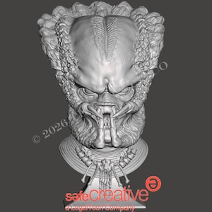 May include: A detailed, grayscale bust of a Predator alien, featuring intricate textures and sharp details. The sculpture showcases the Predator's distinctive dreadlocks, mandibles, and facial features. The base includes a necklace and a logo that reads "safecreative".