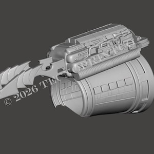 May include: A gray, futuristic-looking device with a cylindrical base and a complex top section. The device has a blade-like extension with multiple sharp points. The copyright symbol and the text "2026 TEC" are visible.
