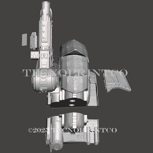May include: A gray, 3D-printed model of a futuristic weapon, disassembled into several components. The design includes a large barrel, a central body with intricate details, and additional side pieces. The text "THENOLPRINTCO" and "&copy;2021 THENOLPRINTCO" are visible.