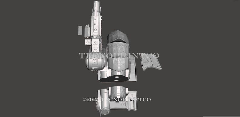 May include: A gray, 3D-printed model of a futuristic weapon, disassembled into several components. The design includes a large barrel, a central body with intricate details, and additional side pieces. The text "THENOLPRINTCO" and "&copy;2021 THENOLPRINTCO" are visible.