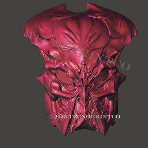 May include: A detailed, crimson mask with an intricate, alien-like design. The mask has a textured surface with sharp edges and a symmetrical pattern. The text "© 2023 TECNOPRINTCO" is visible at the bottom.