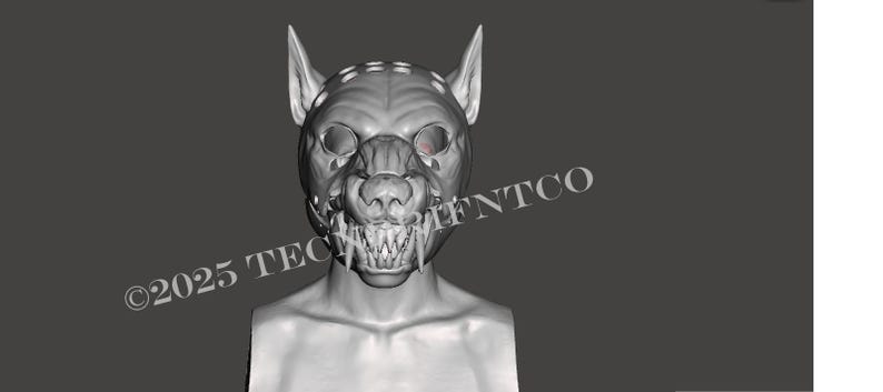 May include: A gray, three-dimensional digital render of a creature mask featuring pointed ears, hollow eye sockets, and a snout with sharp, exposed teeth. The text &copy;2025 TECHMINTCO is overlaid diagonally across the lower portion of the mask.