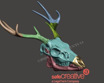 May include: A multi-colored deer skull sculpture featuring a teal cranium, a metallic gold nose, a pink jaw, and antlers segmented in shades of light green, tan, and light blue. The text 2026 and safecreative a LegalTech Company appear.