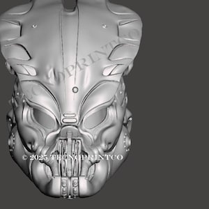 May include: A detailed, gray, futuristic mask with a skeletal lower face and intricate, mechanical details. The mask has large eye sockets and a prominent brow ridge. The text "© 2023 TRONPRINTCO" is visible at the bottom.