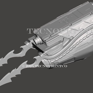 Könnte beinhalten: Ein graues, 3D-gedrucktes Requisit mit einem komplexen Design. Es umfasst eine zylindrische Basis, einen rechteckigen oberen Abschnitt und zwei gebogene Klingen mit gezackten Kanten. Der Text "TECNO" und "© 2025 TECNOPRINTCO" sind sichtbar.