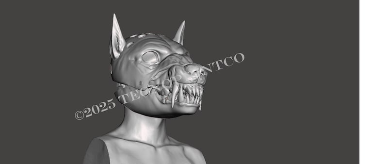 May include: A grey, three-dimensional digital render of a canine-inspired mask featuring pointed ears, a snout, and exposed sharp teeth. The text "&copy;2025 TECONTCO" is visible across the side of the mask. The design is presented on a plain background.
