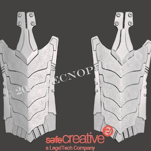 May include: Two symmetrical, light gray, rigid armor plates featuring a textured, scale-like surface pattern with layered horizontal segments. Each piece has a narrow, vertical neck extension with two circular bolt holes at the top and a flared base.