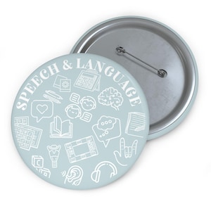 May include: A light blue button with white outlines of speech and language related icons and the text "Speech & Language".