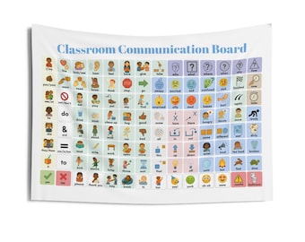Könnte beinhalten: Eine weiße Klassenzimmer-Kommunikationstafel mit farbenfrohen Illustrationen und Text. Die Tafel enthält Wörter, Sätze und Symbole für die Kommunikation, darunter "Ich/mein", "tun" und "ja". Der Titel "Klassenzimmer-Kommunikationstafel" steht oben.