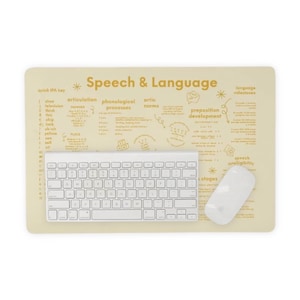 May include: A beige desk mat with the text "Speech & Language" and related diagrams. A white keyboard and mouse are on the mat. The mat includes text about articulation, phonological processes, and language milestones.