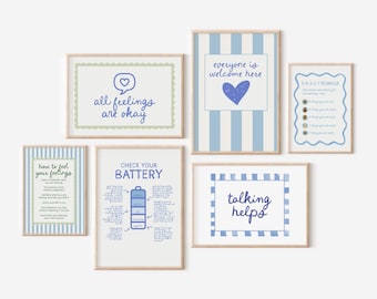 mental health poster pack | art for therapy office | mental health checkin poster bundle