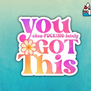 May include: A pink, orange, and yellow sticker with the text "You got this" and a small daisy in the corner. The text "abso-FUCKING-lutely" is written in smaller font below the word "You".