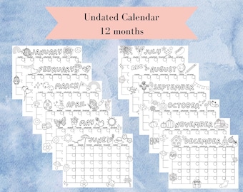 Calendario senza data stampabile: pagine da colorare per la scuola domestica (download digitale)