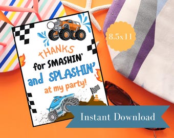 Etichette per bomboniere di compleanno a tema Monster Truck: Smash & Splash Pool Party (download digitale)
