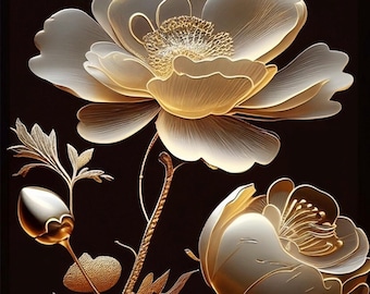 Pode incluir: Um par de flores douradas com detalhes intrincados sobre um fundo preto. As flores têm um centro branco e são rodeadas por folhas delicadas.