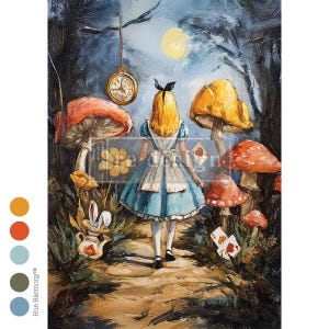 May include: An oil painting depicting a blonde person in a blue dress walking down a path surrounded by large orange and yellow mushrooms, a hanging gold pocket watch, and scattered playing cards under a dark, moody sky with a yellow moon.