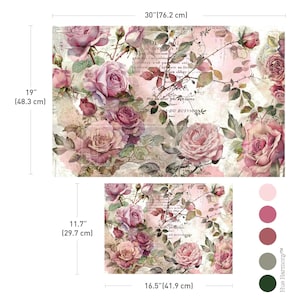 May include: Two floral transfer sheets with pink roses and vintage script. The larger sheet measures 76.2 cm by 48.3 cm, and the smaller sheet is 41.9 cm by 29.7 cm. The design includes a colour palette of pink, rose, and green.