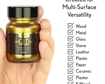 Pintura dorada Super Gild / Guild Lane / Pintura metalizada al agua de 30 ml / Efecto oro intenso de 24 quilates, alto brillo, resistente a la decoloración, multisuperficie