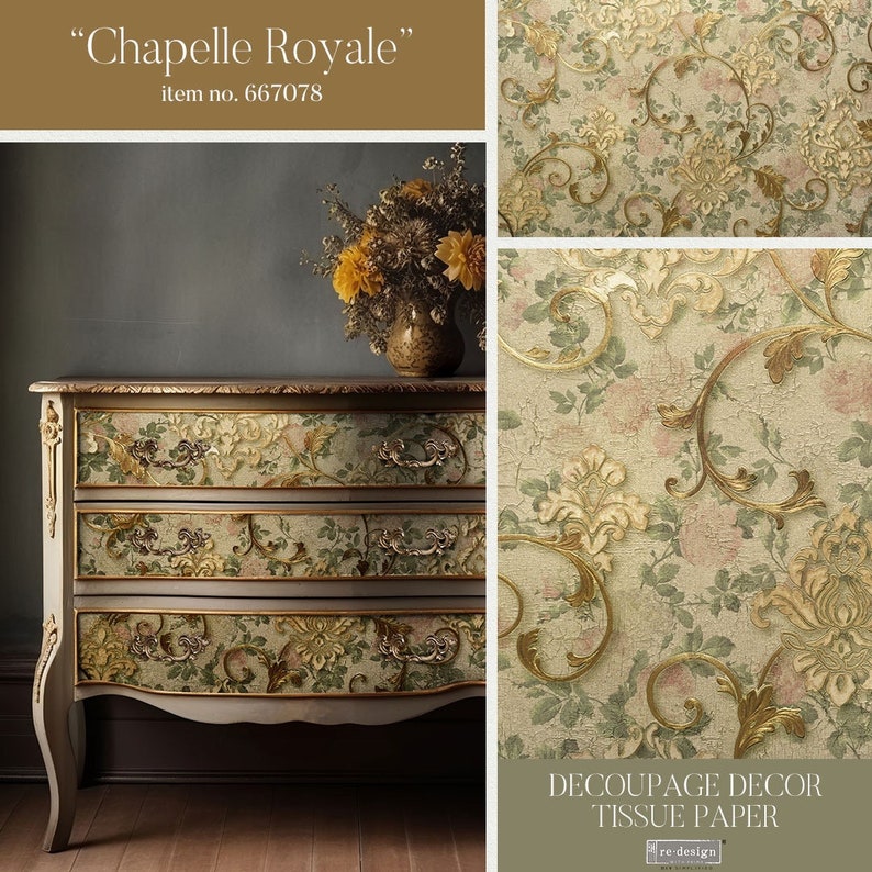 Puede incluir: C&oacute;moda decorativa con papel de decoupage floral. La c&oacute;moda tiene tres cajones con tiradores ornamentados y detalles dorados. El papel de decoupage presenta un patr&oacute;n floral con tonos verdes, dorados y rosas. El texto "Chapelle Royale" y "item no. 667078" son visibles.