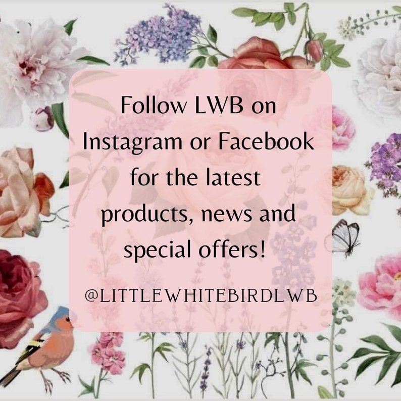 Puede incluir: Un dise&ntilde;o floral con un cuadrado rosa que contiene el texto: "&iexcl;Sigue a LWB en Instagram o Facebook para conocer los &uacute;ltimos productos, noticias y ofertas especiales!" La imagen incluye ilustraciones de flores, un p&aacute;jaro y una mariposa.