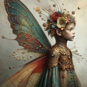 May include: A whimsical fairy with large, iridescent wings adorned with gold accents. The fairy wears a green and gold dress with intricate details and a floral crown.