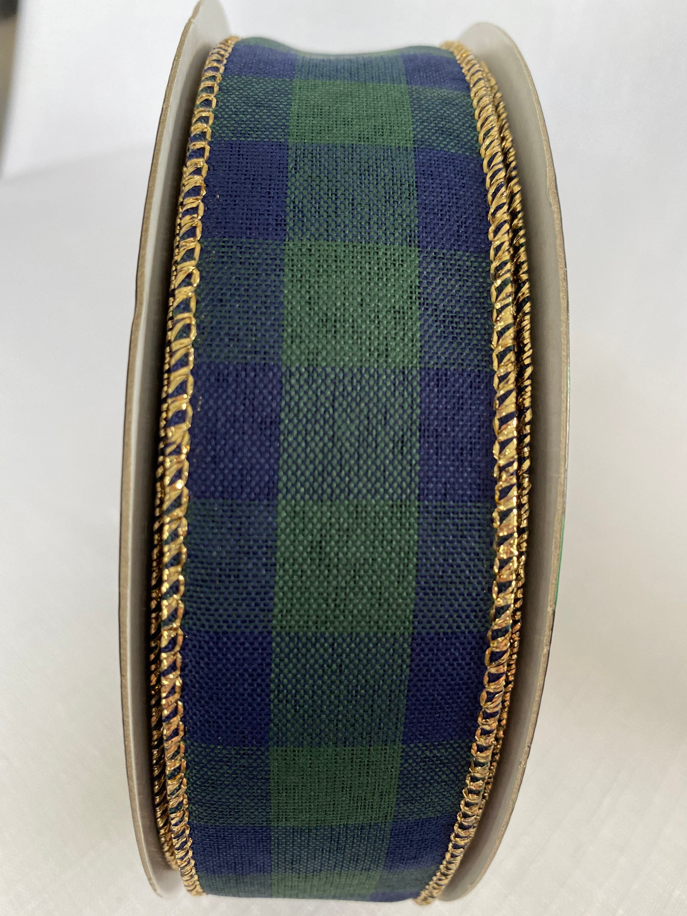 1.5 Green & Blue Plaid Wired Ribbon w/ Gold Edged 5 yds. Etsy