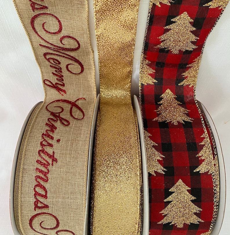 Gold Glitter Christmas Tree wRed Black Buffalo Plaid Bundle /& Natural Merry Christmas set of 3 Wired Ribbons