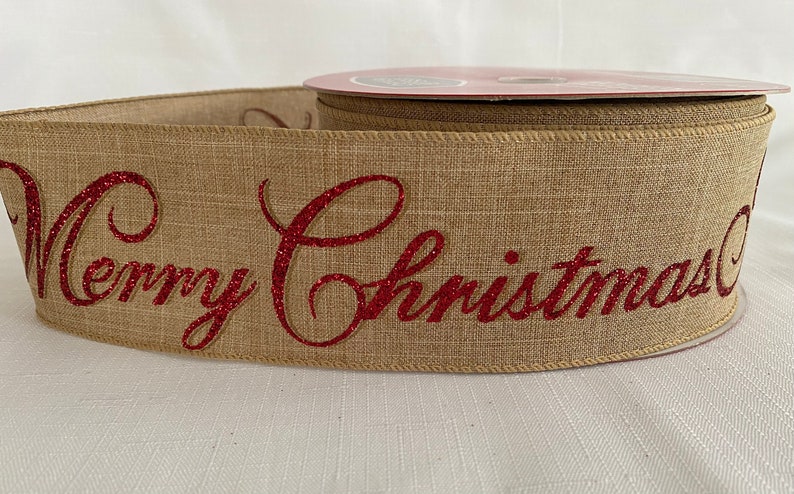 Gold Glitter Christmas Tree wRed Black Buffalo Plaid Bundle /& Natural Merry Christmas set of 3 Wired Ribbons