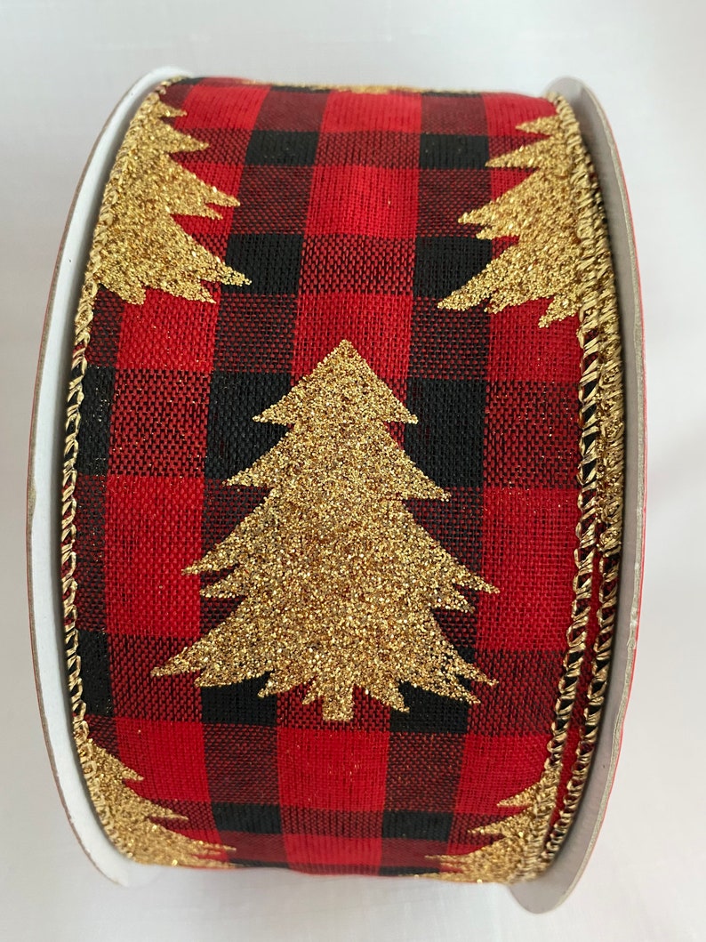 Gold Glitter Christmas Tree wRed Black Buffalo Plaid Bundle /& Natural Merry Christmas set of 3 Wired Ribbons