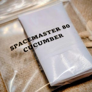 May include: A clear plastic bag containing a white packet of cucumber seeds. The packet is labeled in black text with "SPACEMASTER 80 CUCUMBER". The background is a light brown, textured surface.