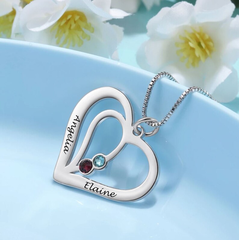 Christmas Gift For Women Girlfriends Heart Necklace With Birthstone,Personalized Engraved Name Necklace,Pendants Necklace Sterling Silver