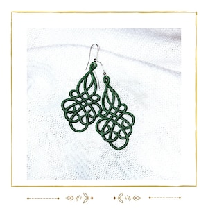 Harmonious embroided LACE EARRINGS, extraordinary crochet jewelry, perfect for a GIFT, ultra light earrings, long bottle green earrings