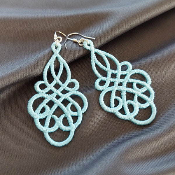 Harmonious openwork LACE EARRINGS, embroidery thread jewelry, perfect for a GIFT, unique ultra light earrings, light long blue big earrings