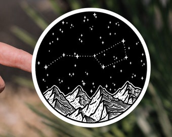 Sticker Big Dipper (Ursa Major) in the starry sky over a mountain landscape. Great for laptops, notebooks, water bottles