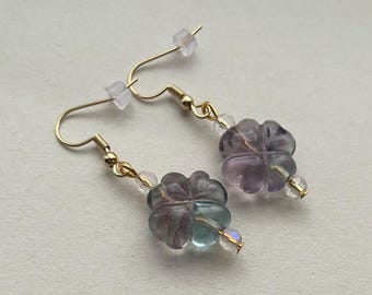 Gold Plated Fluorite Gemstone Earrings With Glass Beads.
