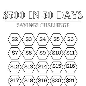 500 in 30 Days Savings Challenge, Savings Challenge for 1 Month, 500 Dollar Challenge, Printable, Digital Download
