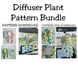 Puede incluir: Imagen de un "Diffuser Plant Pattern Bundle" con múltiples patrones de plantas de ganchillo. Los patrones incluyen plantas colgantes en varios colores, incluyendo verde, rosa y gris. También se ve el texto "Pattern Download" y "Pattern Mod Download".