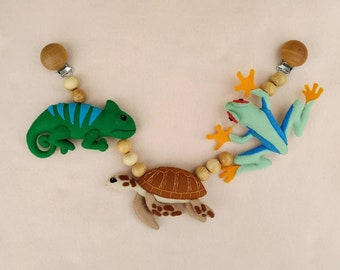 Animals chain pram garland with chameleon,turtle and tree frog,Pram garland,Felt stroller toy,Stroller mobile,kinderwagenkette tiere filz