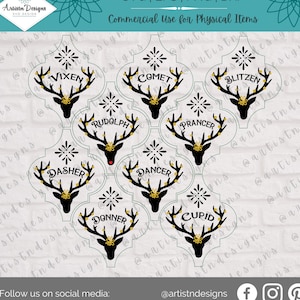 May include: Nine black and white reindeer silhouettes with gold glitter antlers and lights. Each reindeer has a different name: Vixen, Comet, Blitzen, Rudolph, Prancer, Dasher, Dancer, Donner, and Cupid.