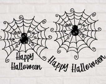 May include: Two black spiderwebs with spiders in the center and the text "Happy Halloween" written below each web.