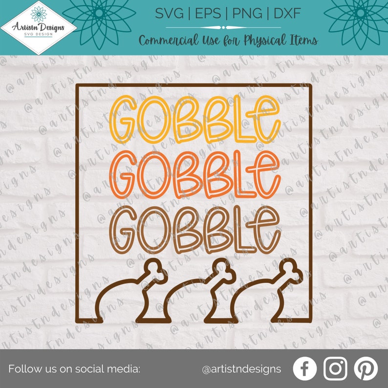 K&ouml;nnte beinhalten: Ein Thanksgiving-Design mit dem Wort "GOBBLE", das dreimal in einer gestapelten Anordnung wiederholt wird. Jedes Wort ist in einer anderen Farbe umrandet: Gelb, Orange und Braun. Das Design enth&auml;lt au&szlig;erdem drei stilisierte Truthahnbeine.