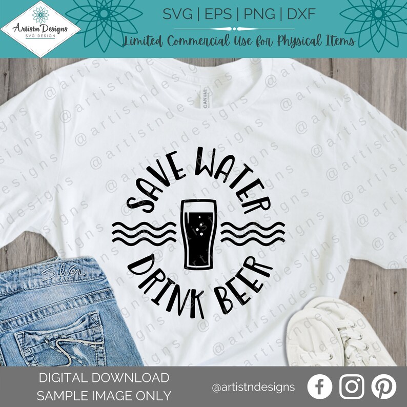 May include: A white t-shirt with a black and white graphic design that says "Save Water Drink Beer" with a stylized image of a glass of beer. The graphic is surrounded by three wavy lines to represent water.
