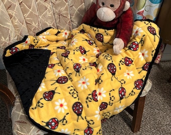 Weighted  'ON-the-GO-COMFORT' Blanket - 29” x 35” - 5+# - Black Minky w/ Ladybugs