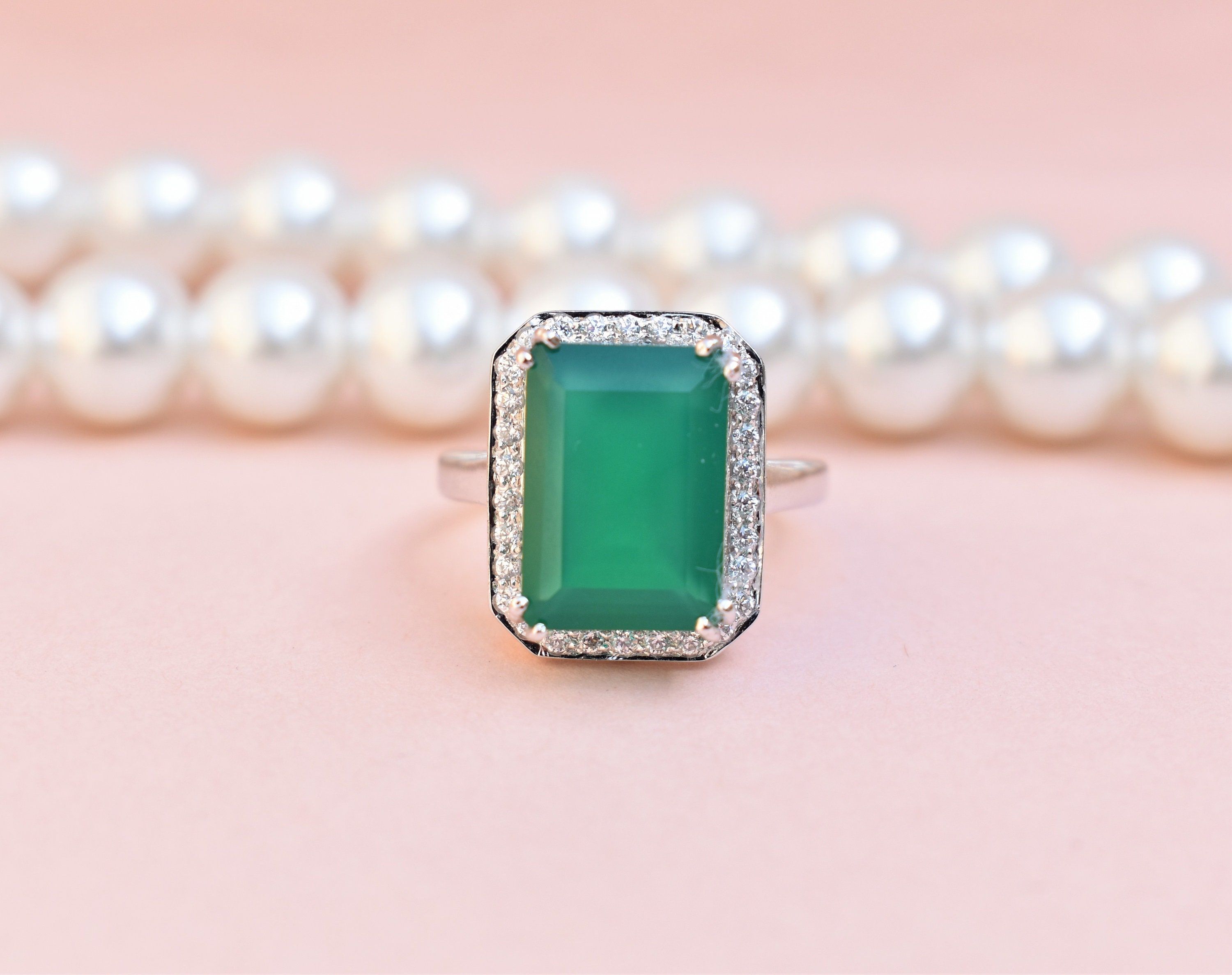 Green Onyx Engagement Ring Sterling Silver Green Onyx Ring Etsy